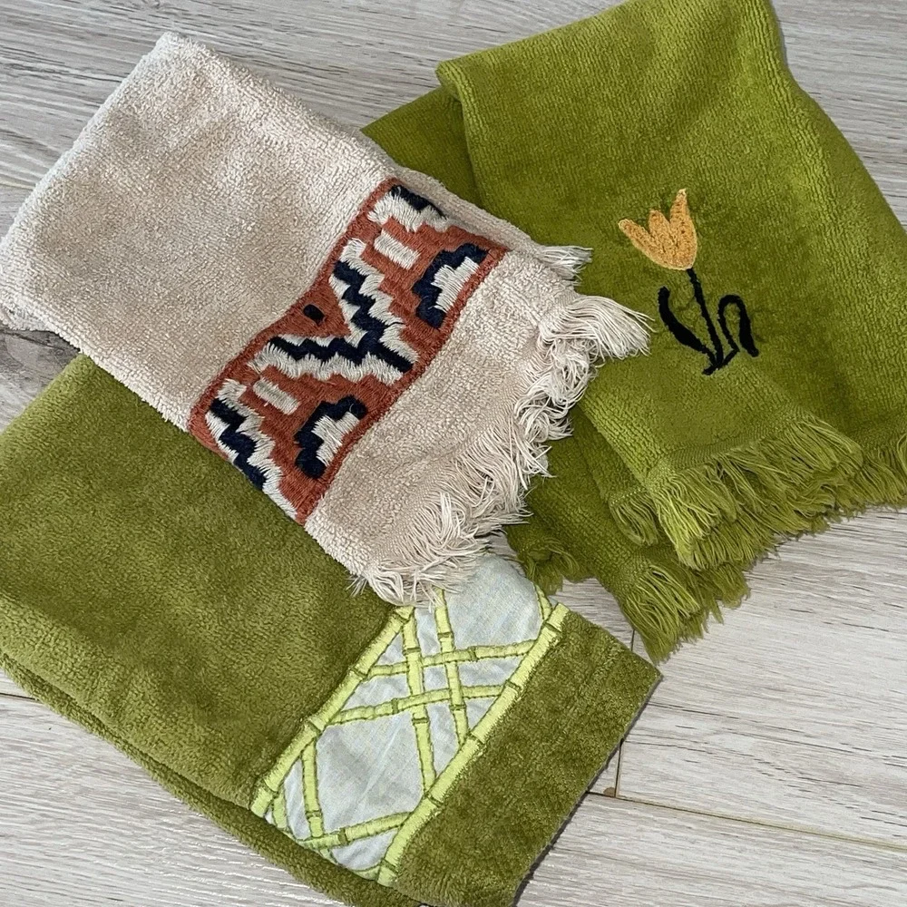VTG Fieldcrest Springmade Hand Towels Fringe Hem Green Western Floral MCM